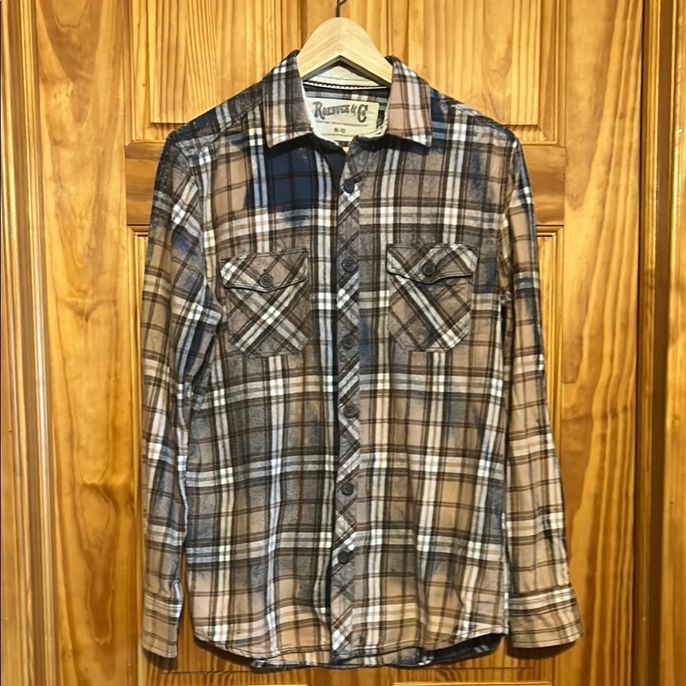 Roebuck and Co Plaid Button-Down Shirt - Pink and Blue Distressed